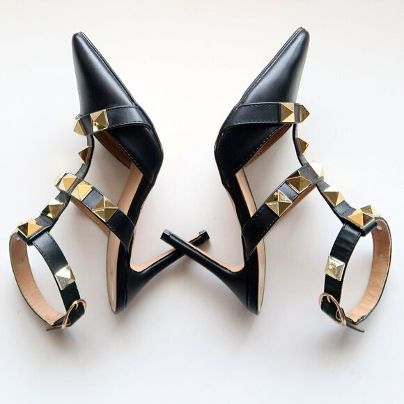 Nicole Miller Selty Black & Gold Pointy Toe Studded Heels / Pumps / Sandals 6.5 - Picture 13 of 16